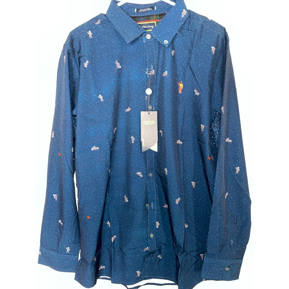 William Murray Mens L Button Front Astronaut Space Golf Blue Performance Shirt